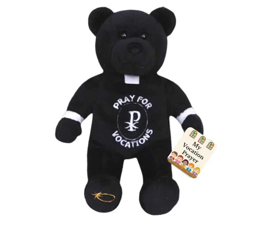 Black plush bear in priest vestment that states Pray for Vocations. Bear is holding a blue bible.