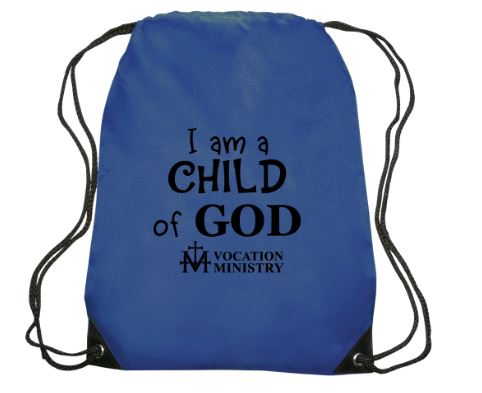 Blue drawstring backpack with text that says I am a child of God.