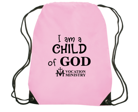 Pink Drawstring Backpack with text that reads I am a Child of God.